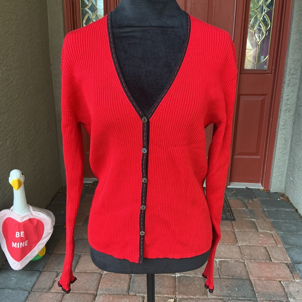 Retro Preppy Red V-Neck Silk Blend Button-Up Ribbed Sweater with Black Trim
